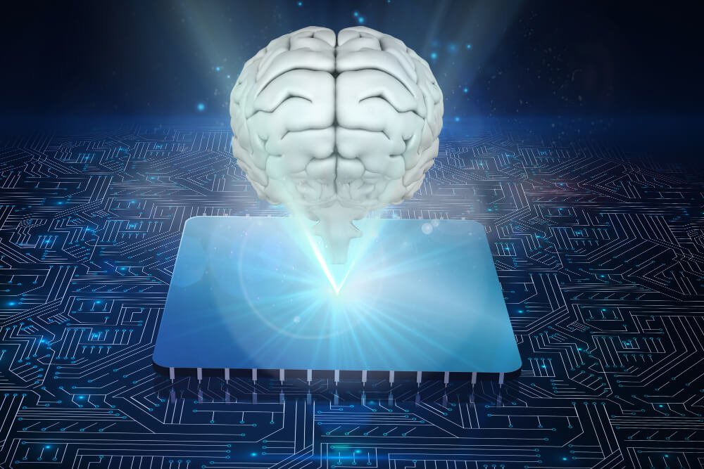 A 3D representation of human brain displaying from a microchip.