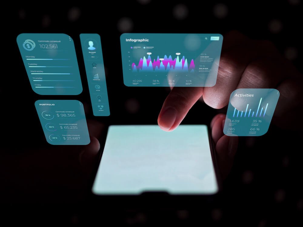 A person holding a smartphone displaying diverse data, such as charts, graphs, and numbers.