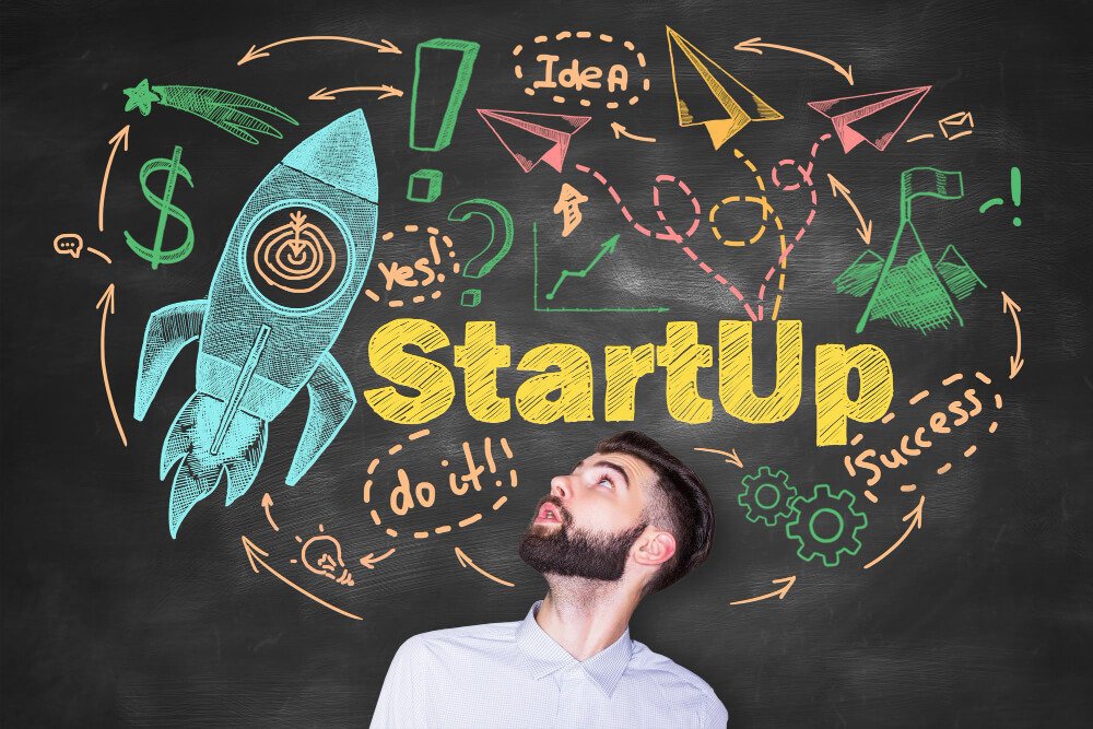 A man standing in front of a blackboard with the word "startup" written on it, looking thoughtful.