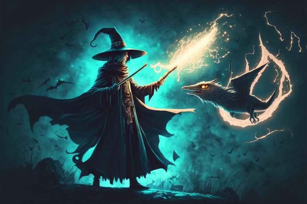 A 2D animated image of a witch and a magical creature.