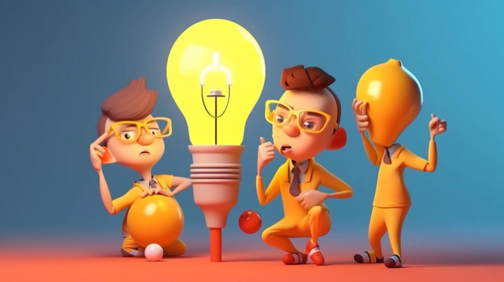 Three animated 3D  models looking at a bulb depicting the concept of idea generation.