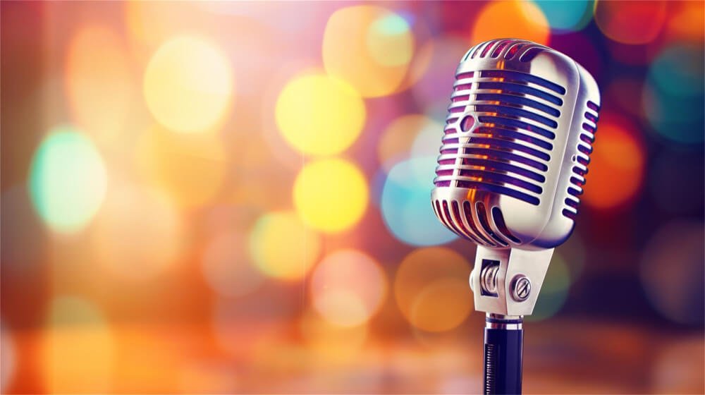 A retro microphone used by animation voiceover artists.