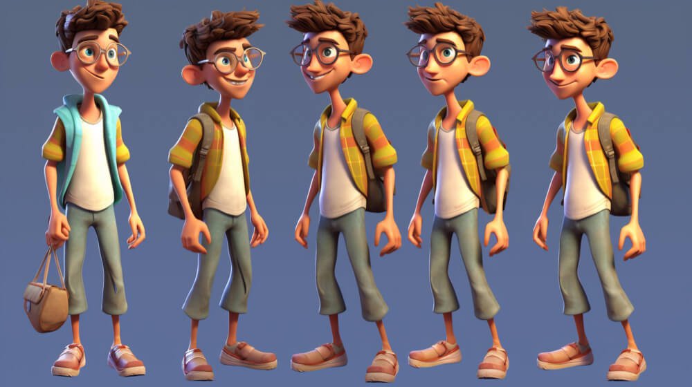 Different stylized versions of the 3D models of a boy. 