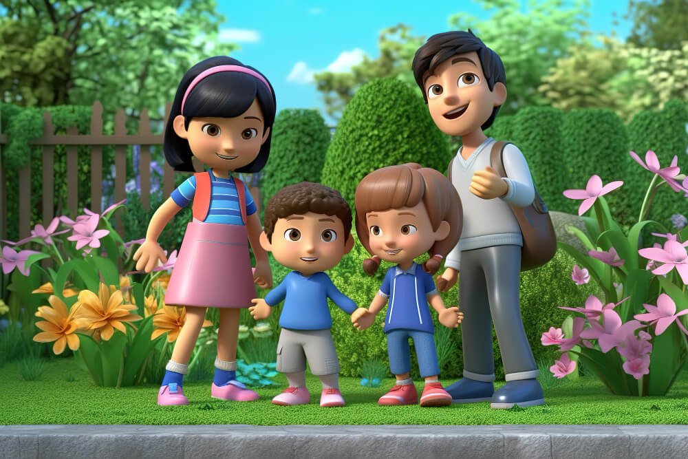 A family of animated parent with two kids with a brilliant and realistic background.